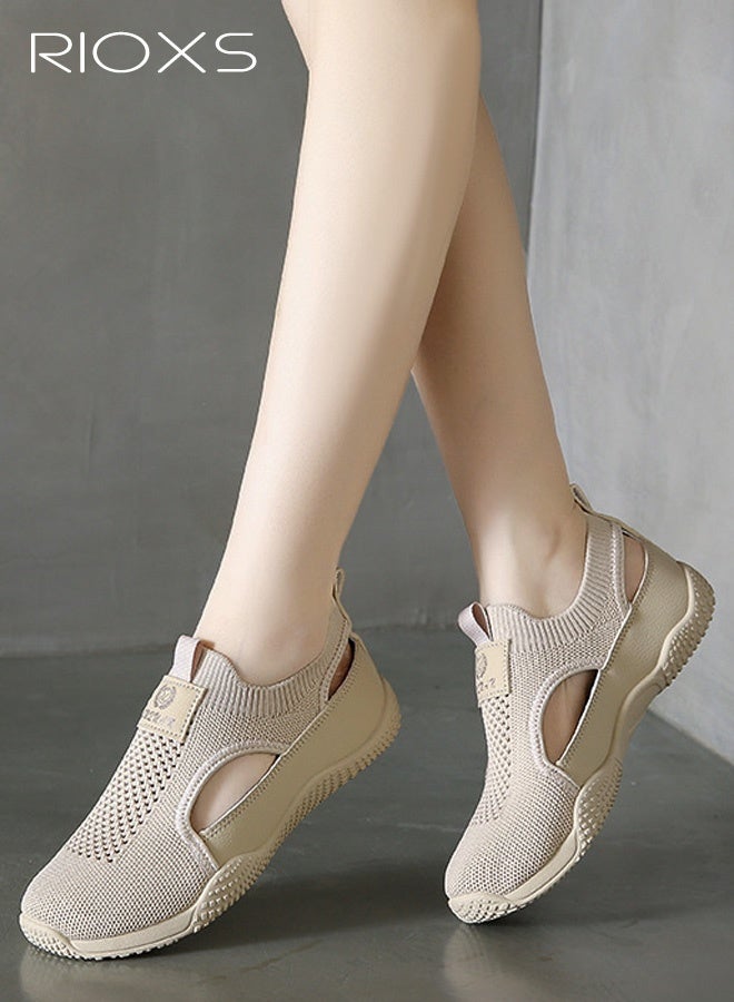 RIOXS Women's Casual Sneakers, Breathable Knitted Mesh Lining, Shock-Absorbing Moisture-Wicking, Durable Slip-Resistant Round-Toe Lace-Up Low-Top Shoes, Perfect for Walking, Commuting, or Casual Outings, Khaki - Image 3